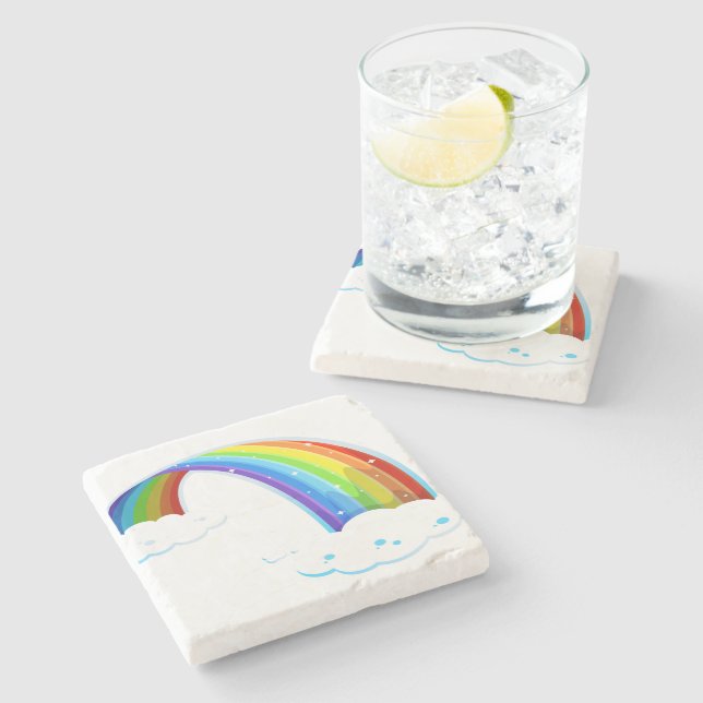Rainbow Clouds Colourful Glitter Shiny Whimsical Stone Coaster (Side)