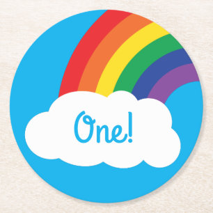 Rainbow & Clouds Cute 1st Birthday Party Round Paper Coaster