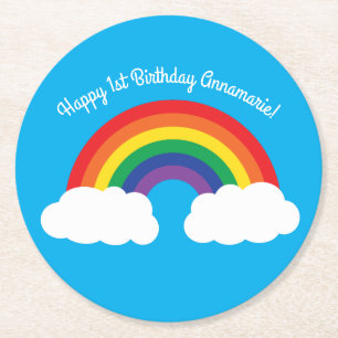 Rainbow & Clouds Cute 1st Birthday Party Round Paper Coaster