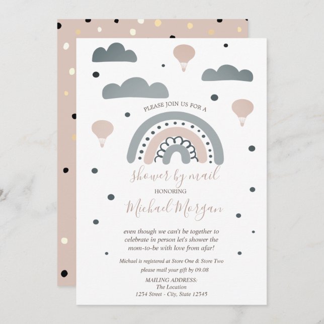 Rainbow,Clouds,Dots Virtual Baby Shower By Mail Invitation (Front/Back)
