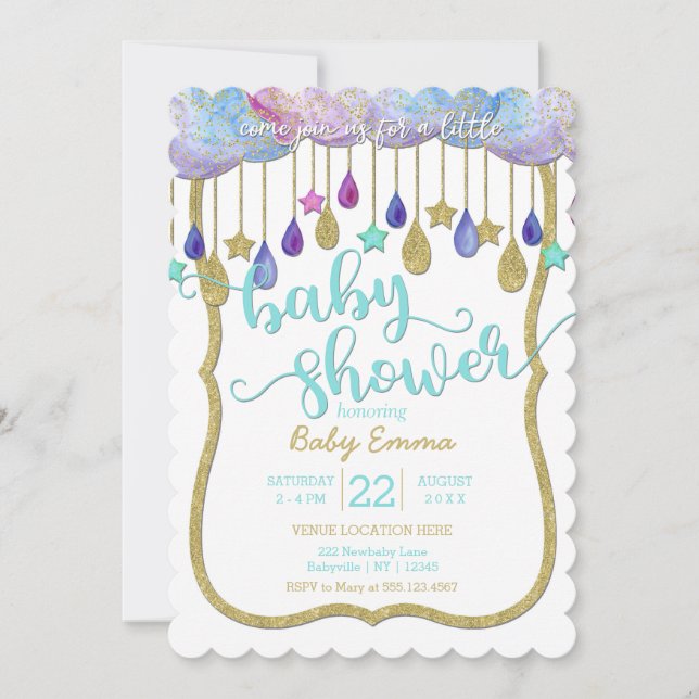 Rainbow Clouds & Gold Stars Baby Shower Invitation (Front)