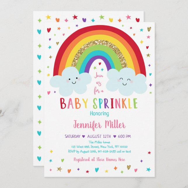 Rainbow Clouds Pink Gold Baby Sprinkle Invitation (Front/Back)