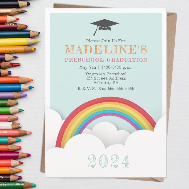 Rainbow Clouds Preschool Kids Graduation Invitation (Creator Uploaded)