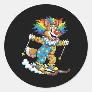 Rainbow Clown Dog Skiing Puppy Winter Carnival Classic Round Sticker