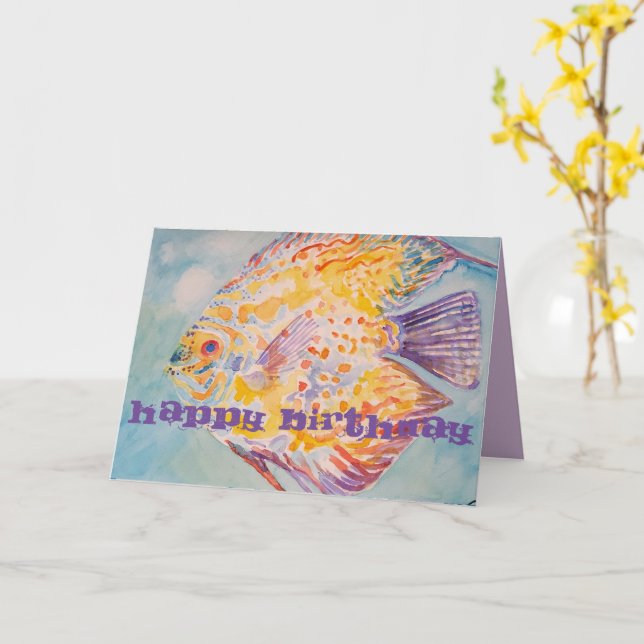 Rainbow Colored Fish Watercolour Birthday Card (Yellow Flower)