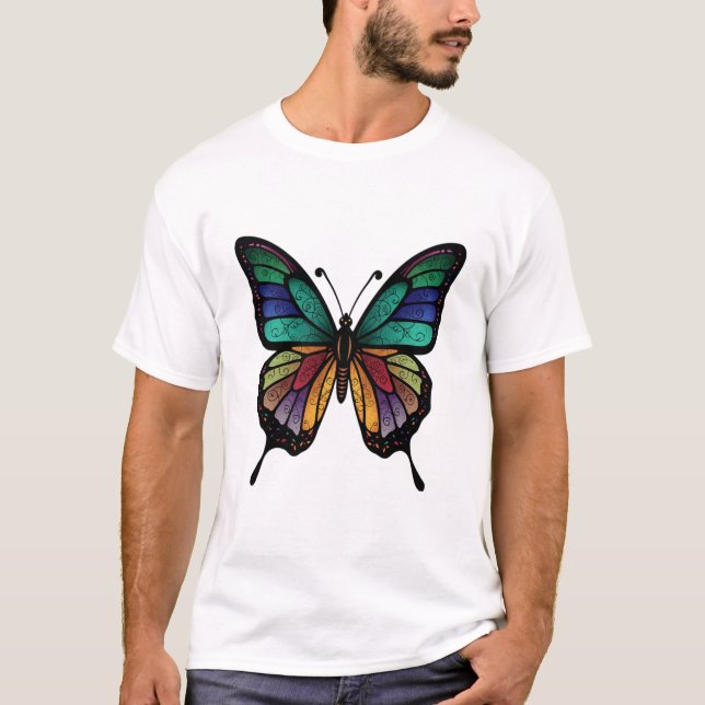 Rainbow-Colored Mosaic Butterfly T-Shirt (Front)