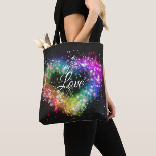 Rainbow colors spray paint sparking glitter heart  tote bag