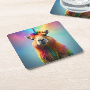 Rainbow Colour Capybara Unicorn,  Square Paper Coaster