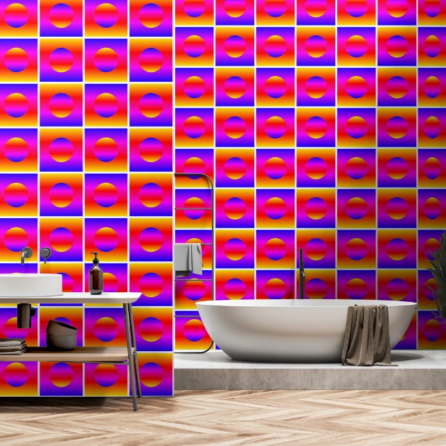 Rainbow Colour Check Neon Squares Dots Pattern Art Wallpaper (Bathroom)