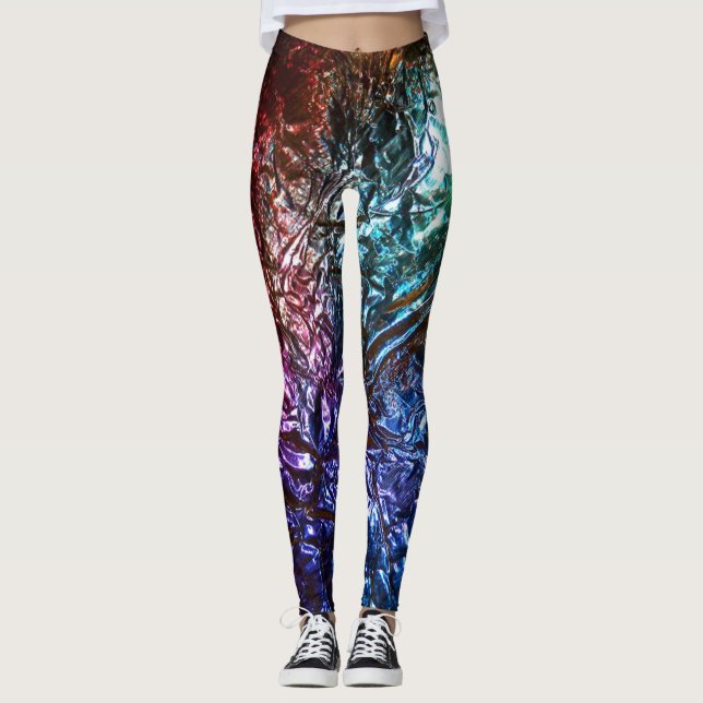 Rainbow Colour Crumpled Foil Effect 2 Graphic Prin Leggings (Front)