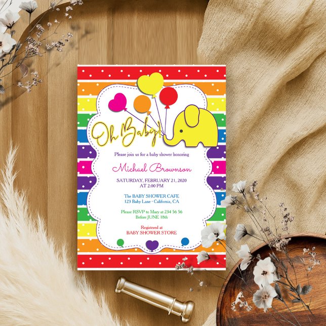 Rainbow Colour Elephant Oh Baby Shower Invitation (Creator Uploaded)