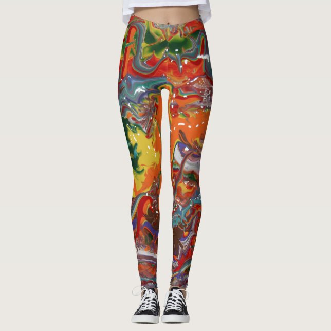 Rainbow Colour Flow Paint Art Leggings (Front)