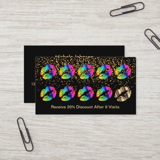 Rainbow Colour Lips and Gold Confetti Business Card (Front/Back In Situ)