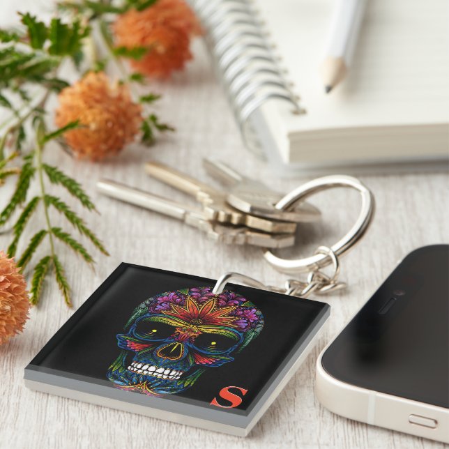 Rainbow Colour Mexican Sugar Skull Monogram Initia Key Ring (Front Right)