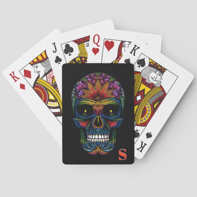 Rainbow Colour Mexican Sugar Skull Monogram Initia Playing Cards (Back)