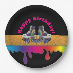 Rainbow Colour Paint  Roller Skating Birthday Paper Plate