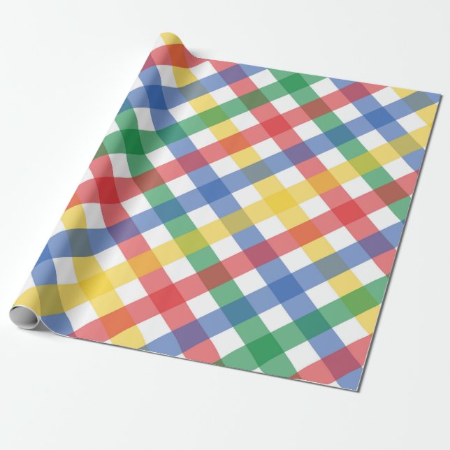 Rainbow Colour Plaid Grid Pattern, Primary Colours Wrapping Paper (Unrolled)