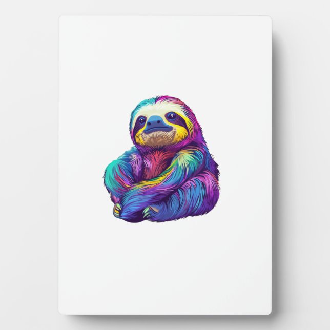 Rainbow Colour Sloth Art Long Sleeve T-Shirt Plaque (Front)