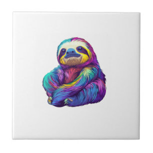 Rainbow Colour Sloth Art Long Sleeve T-Shirt Tile