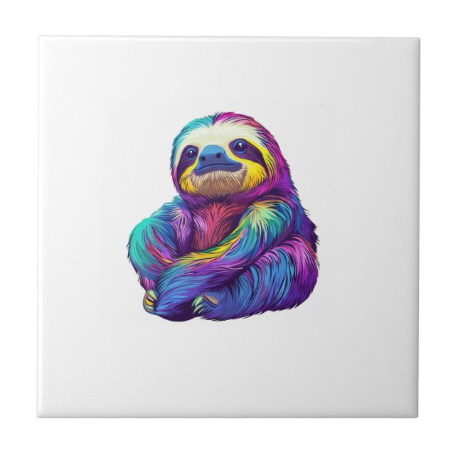 Rainbow Colour Sloth Art Long Sleeve T-Shirt Tile (Front)