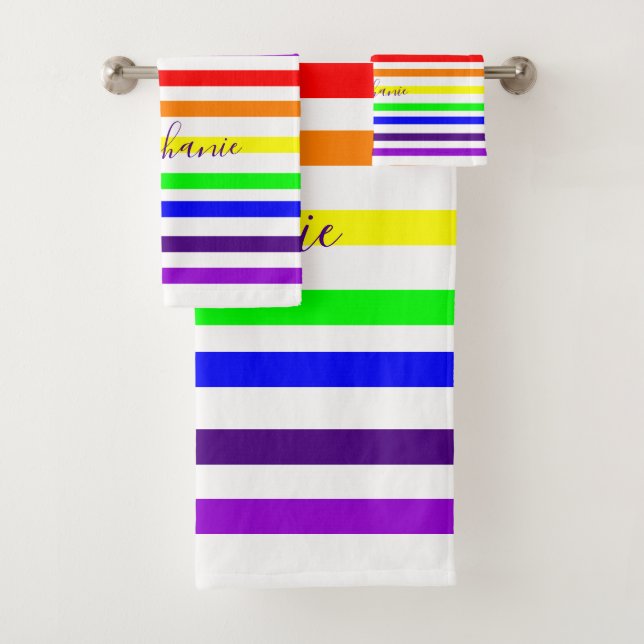 Rainbow Colour Stripe Monogram Colourful Custom 20 Bath Towel Set (Insitu)