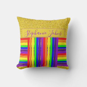 Rainbow Colour Stripes Gold Glitter Name Wedding Cushion