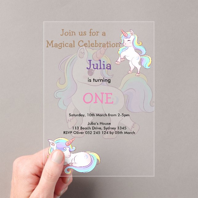 Rainbow colour Unicorn baby girl 1st birthday  Acrylic Invitations (Insitu (Handheld))