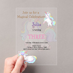 Rainbow colour Unicorn baby girl birthday Acrylic Invitations