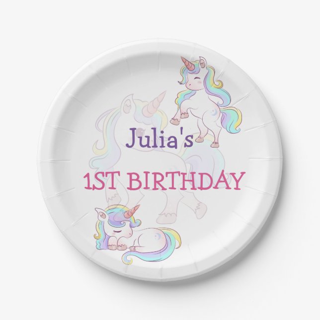 Rainbow colour Unicorn baby girl birthday   Paper Plate (Front)
