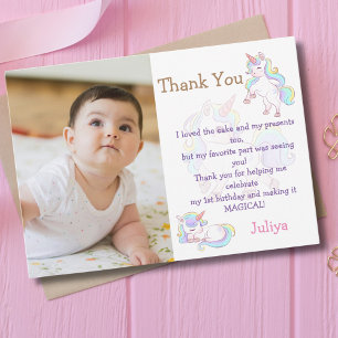Rainbow colour Unicorn baby girl birthday photo Thank You Card