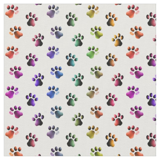 Rainbow Coloured Animal Cat Dog Paw Prints Fabric (Close Up)