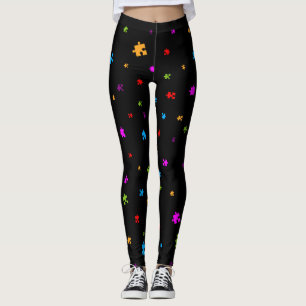 Rainbow Coloured Autism Puzzle Pieces on BLACK Leggings