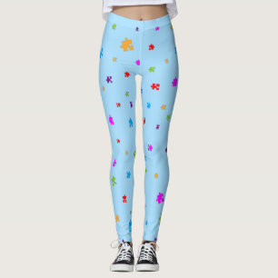Rainbow Coloured Autism Puzzle Pieces on LIGHT BLU Leggings