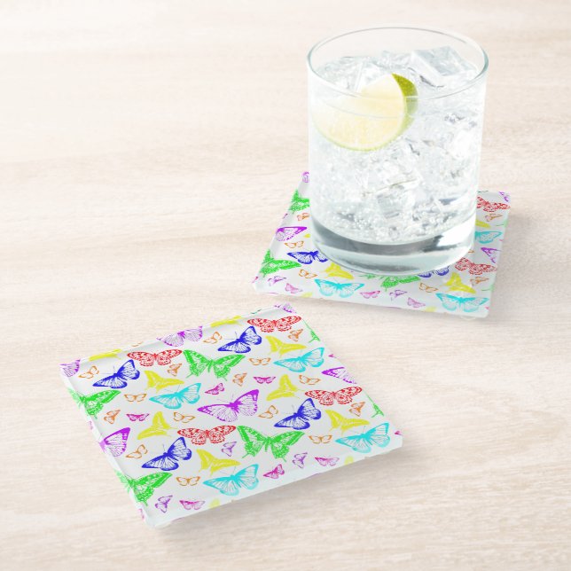 Rainbow Coloured Butterflies Flying Glass Coaster (Angled)