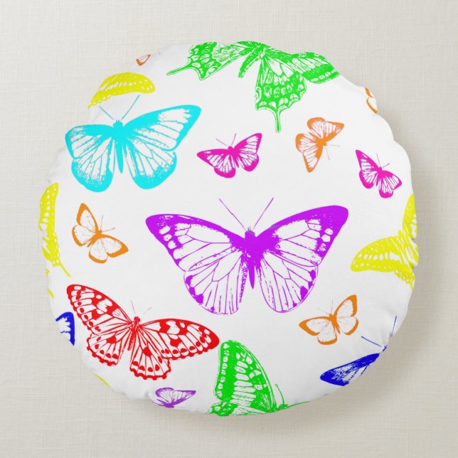 Rainbow Coloured Butterflies Flying Round Cushion (Front)