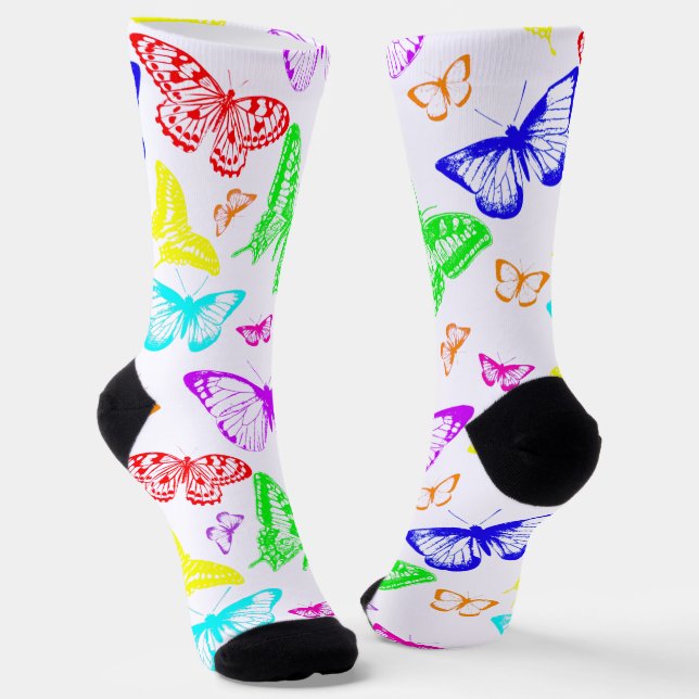 Rainbow Coloured Butterflies Flying Socks (Angled)