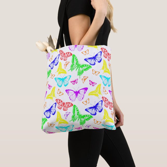 Rainbow Coloured Butterflies Flying Tote Bag (Close Up)