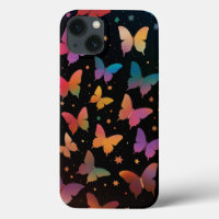 Rainbow Coloured Butterflies Galaxy Stars on Black