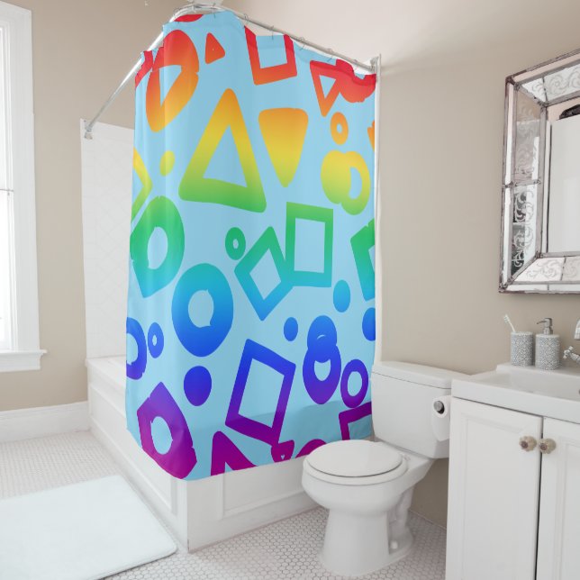 Rainbow coloured cubics light blue shower curtain (In Situ)
