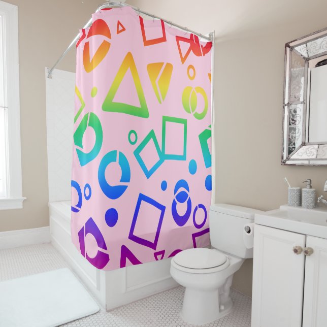 Rainbow coloured cubics pink background shower curtain (In Situ)
