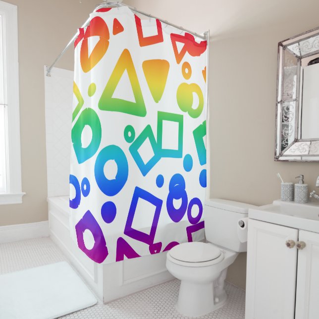 Rainbow coloured cubics white background shower curtain (In Situ)