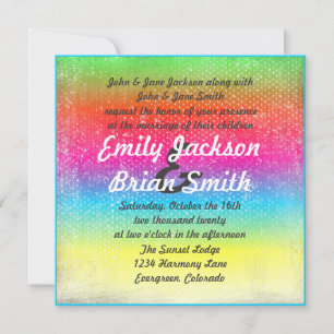 Rainbow coloured distressed wedding invitations