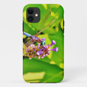 Rainbow coloured Dragonfly  on a purple pink flowe iPhone 11 Case