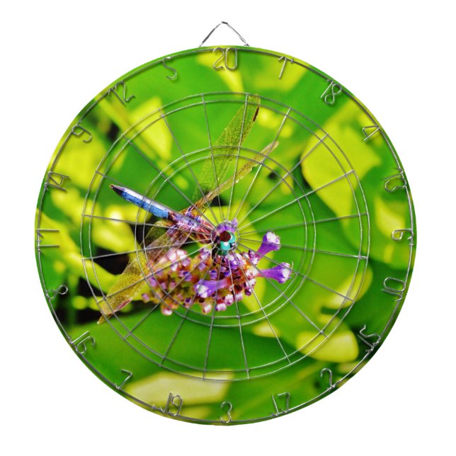 Rainbow coloured Dragonfly  on a purple pink flowe Dartboard (Front)