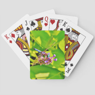 Rainbow coloured Dragonfly  on a purple pink flowe Playing Cards