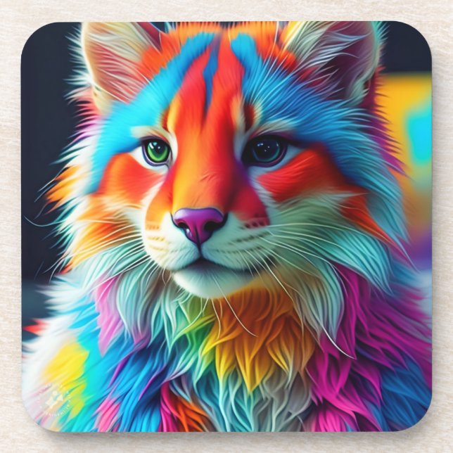 Rainbow Coloured Furry Cat-68587 Coaster (Front)