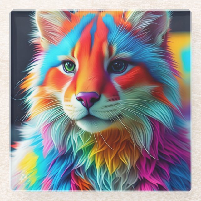 Rainbow Coloured Furry Cat-68587 Glass Coaster (Front)