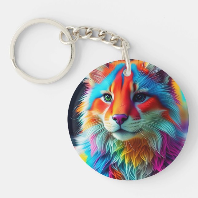 Rainbow Coloured Furry Cat-68587 Key Ring (Front)