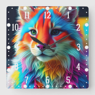 Rainbow Coloured Furry Cat-68587 Square Wall Clock