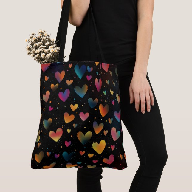 Rainbow Coloured Hearts Galaxy Black Background Tote Bag (Close Up)